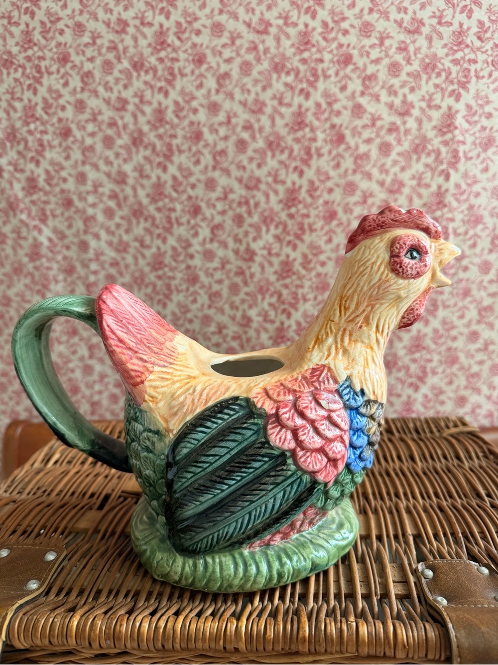 Colorful Ceramic Hen Pitcher - Yellow, Green, Pink, Blue - Picture 4 of 7